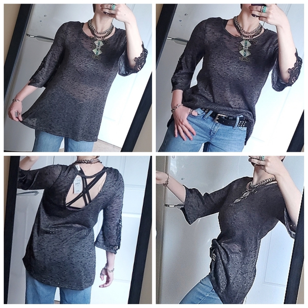 Buckle 3/4 Lace-sleeve Scoop Neck V-back Shimmery Rainbow Metallic Thread Tunic - Picture 5 of 16